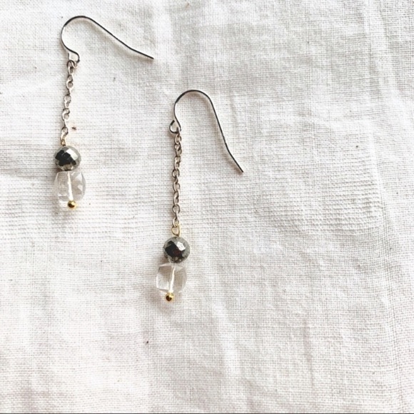 Pyrite & Quartz Stone Earrings w Sterling - Picture 2 of 4